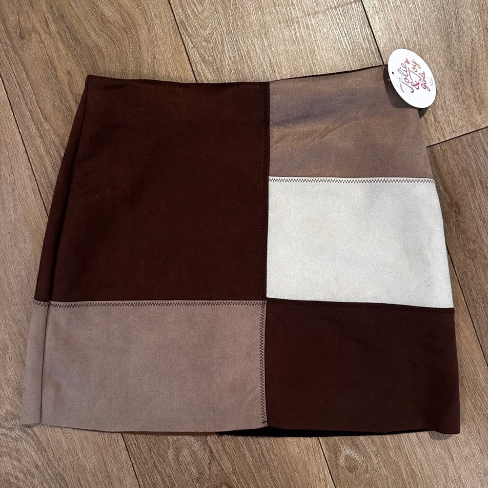 Jolie & Joy Girls Faux Suede Patchwork Mini Skirt Brown Tan Size L 14 New